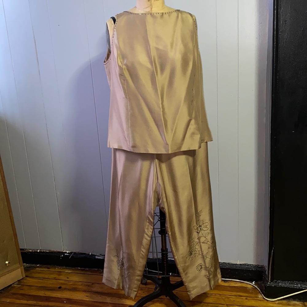 2 piece satin rhinestone trim shirt cropped pants